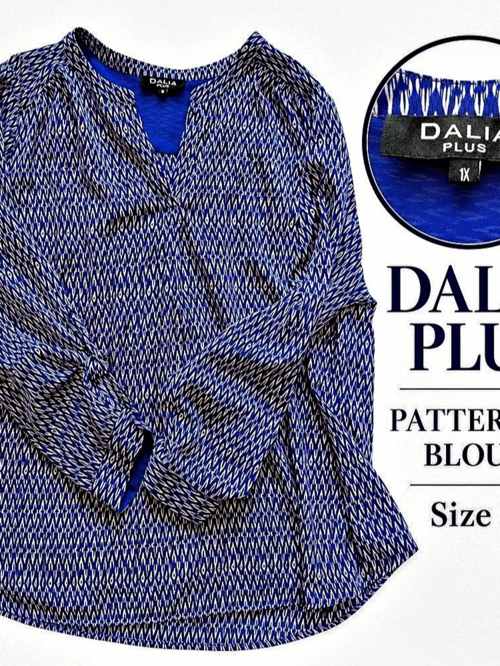 Dalia Plus Patterned Blouse Blue Geometric Blouse Size 1X Like New
